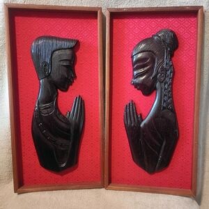 Beautiful Set of Vintage Hand-carved Thai Teakwood Figurine Wall Art.